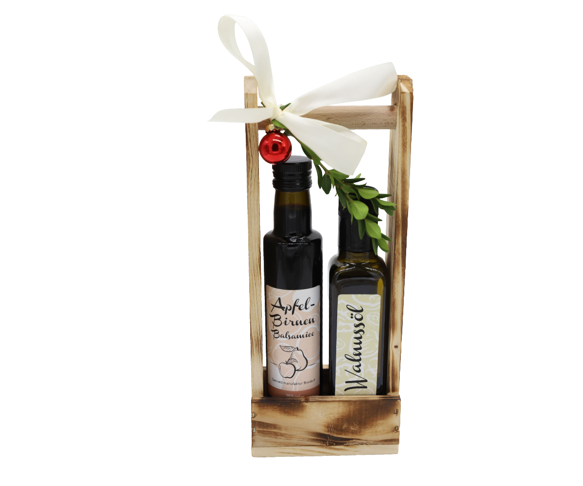 Geschenkset 250ml im Holzträger - Walnussöl und Apfel-Birnen-Balsamico