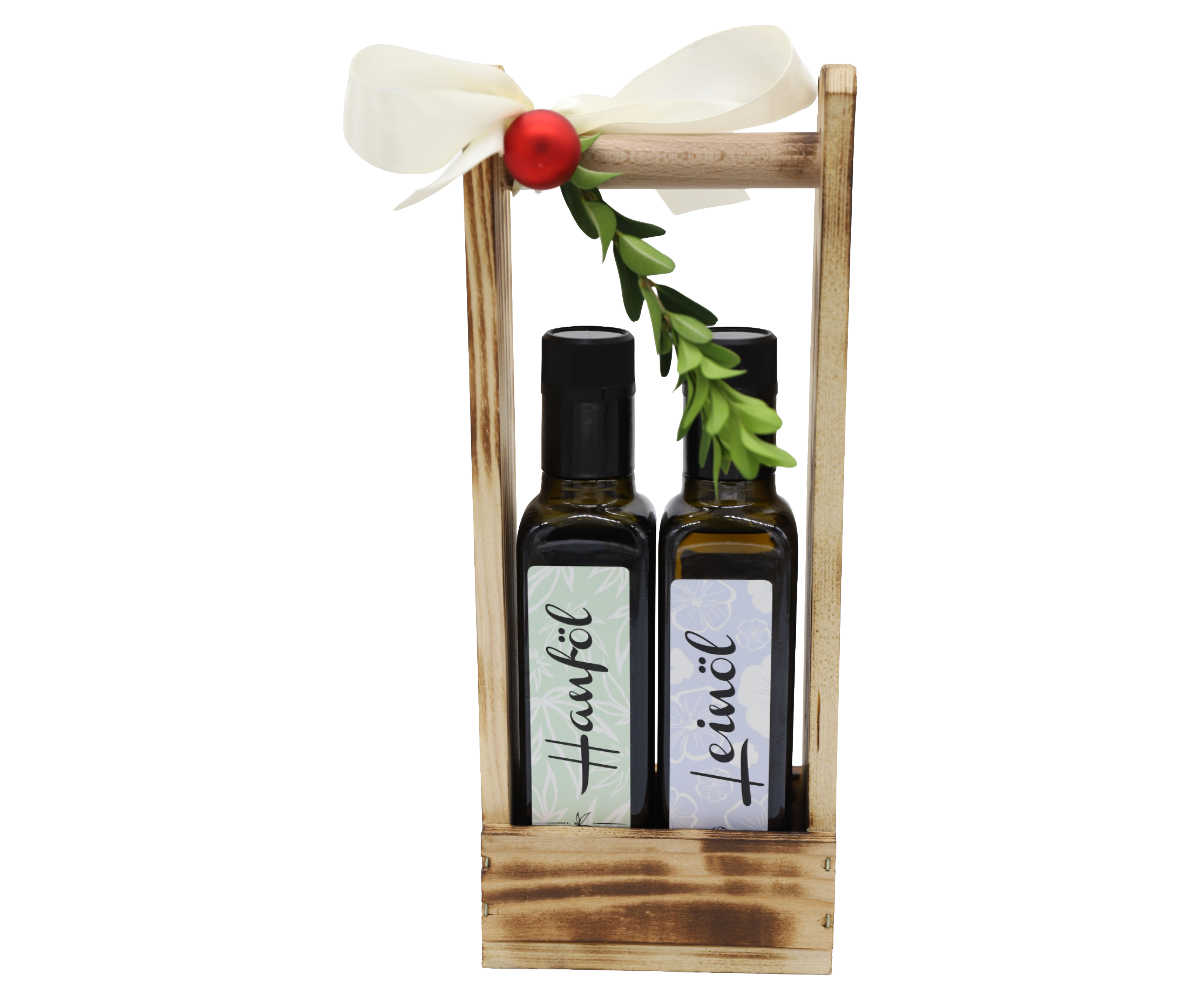Geschenkset 250ml im Holzträger - Hanföl und Leinöl