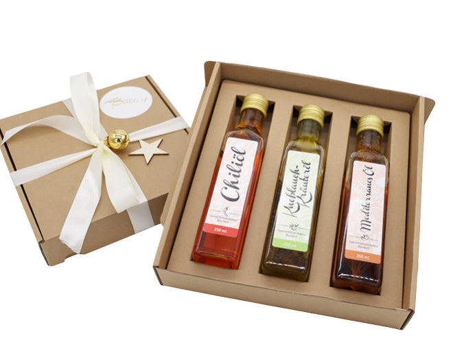 Geschenkset 250 ml -  Chiliöl, Knoblauch-Kräuteröl und Mediterranes Öl