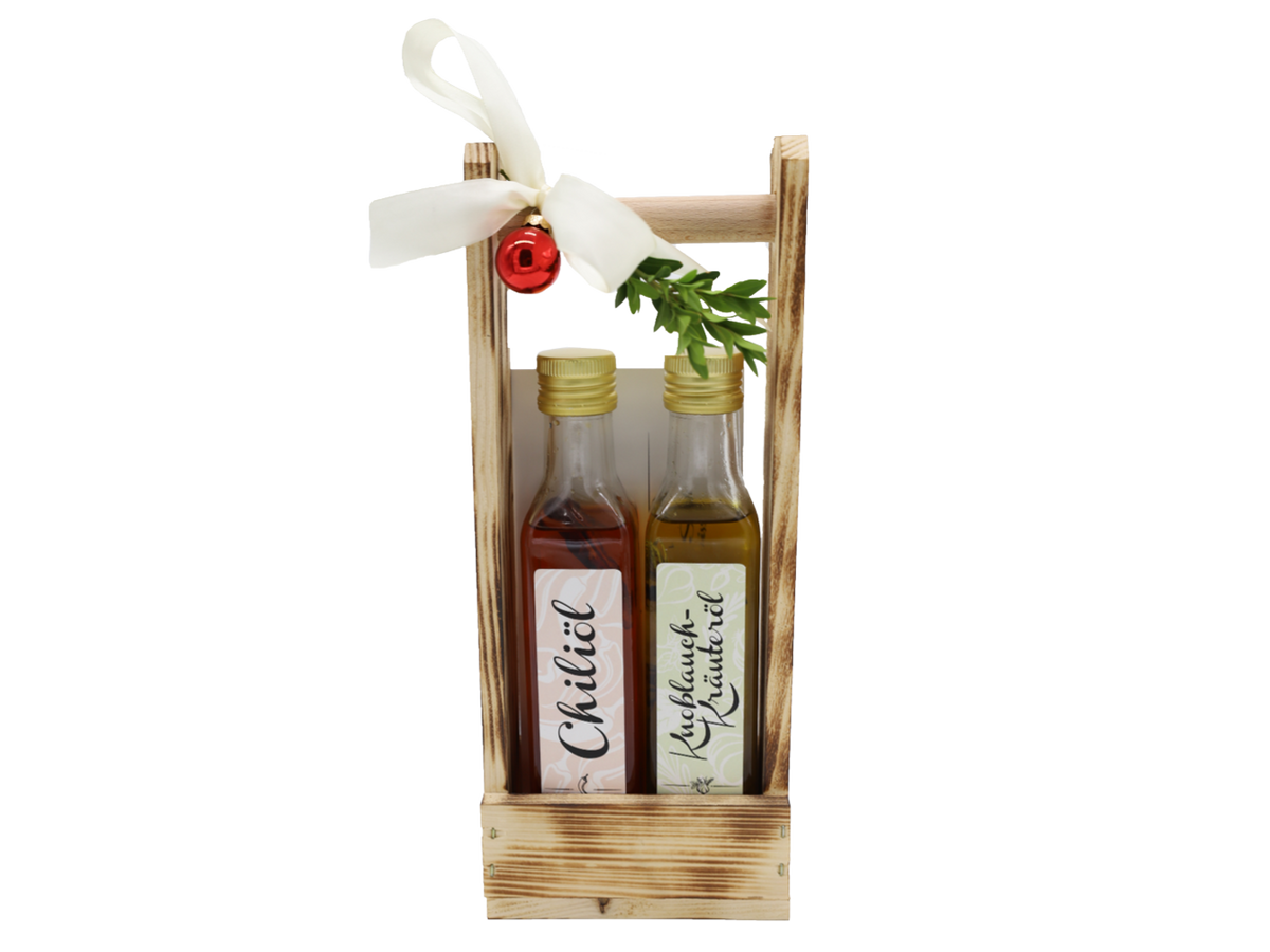 Geschenkset 250ml im Holzträger - Chiliöl und Knoblauch-Kräuteröl