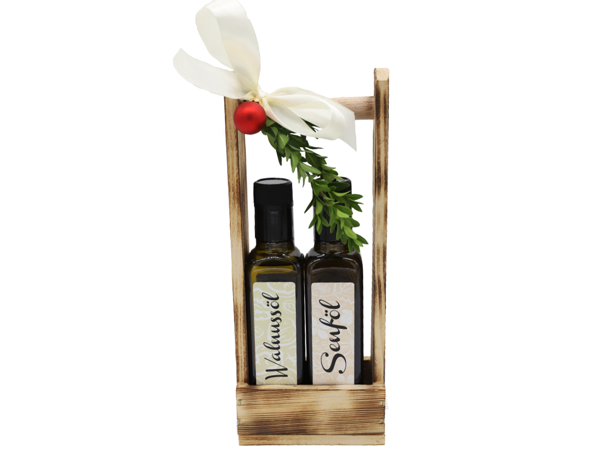 Geschenkset 250ml im Holzträger - Walnussöl und Senföl