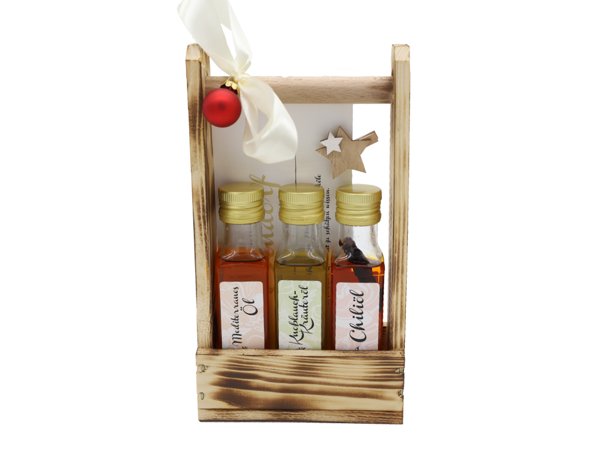 Geschenkset 100ml im Holzträger - Chiliöl Mediterranes Öl und Knoblauch-Kräuteröl