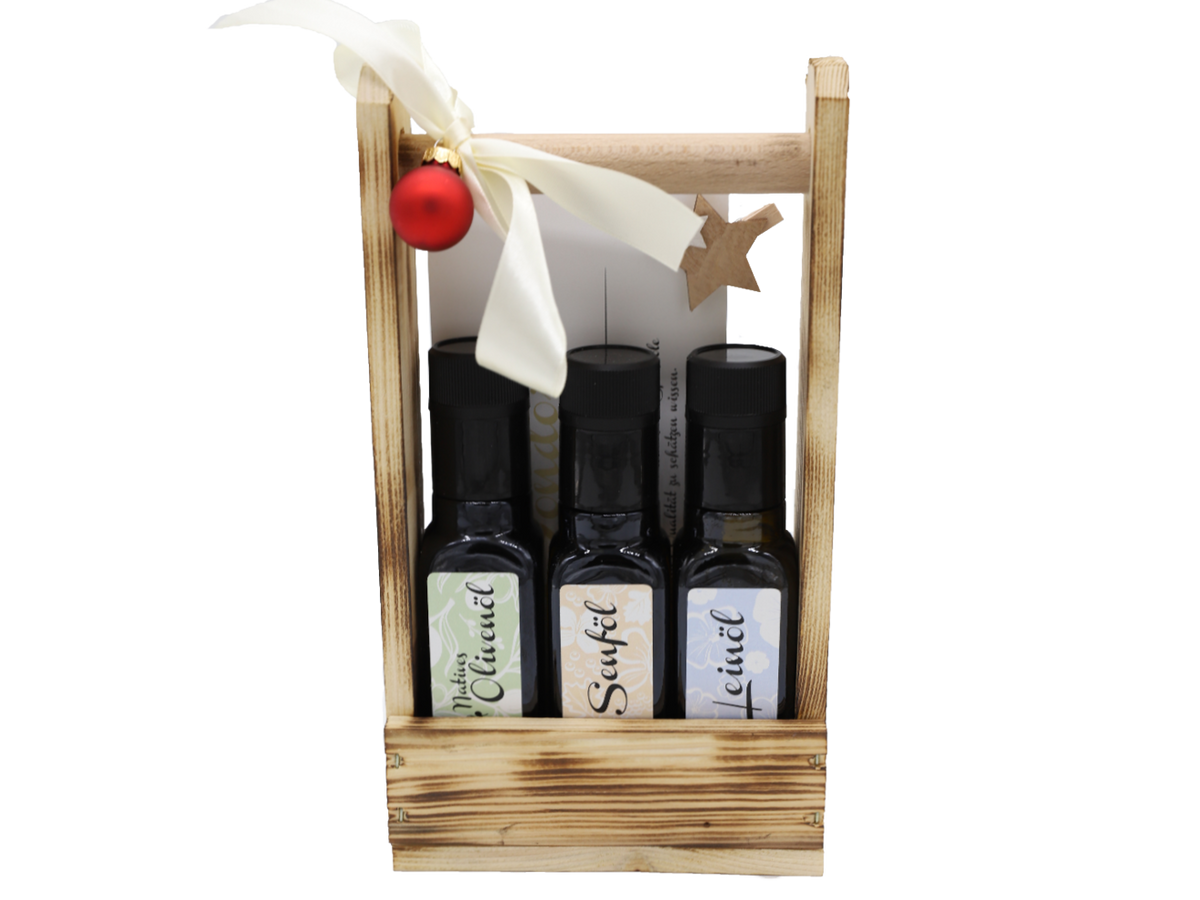Geschenkset 100ml im Holzträger - Olivenöl, einem Senföl und einem Leinöl