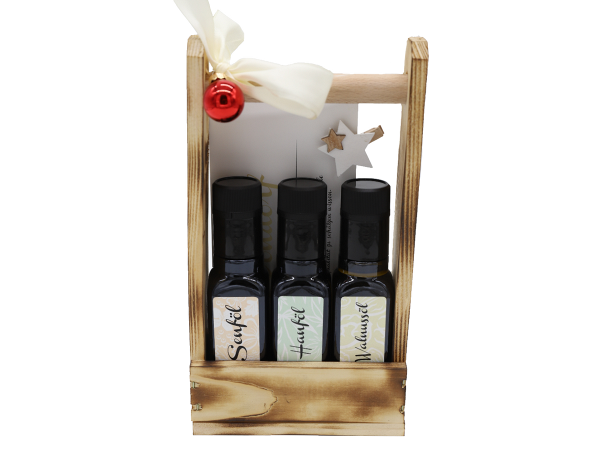 Geschenkset 100ml im Holzträger - Senföl Walnussöl und Hanföl