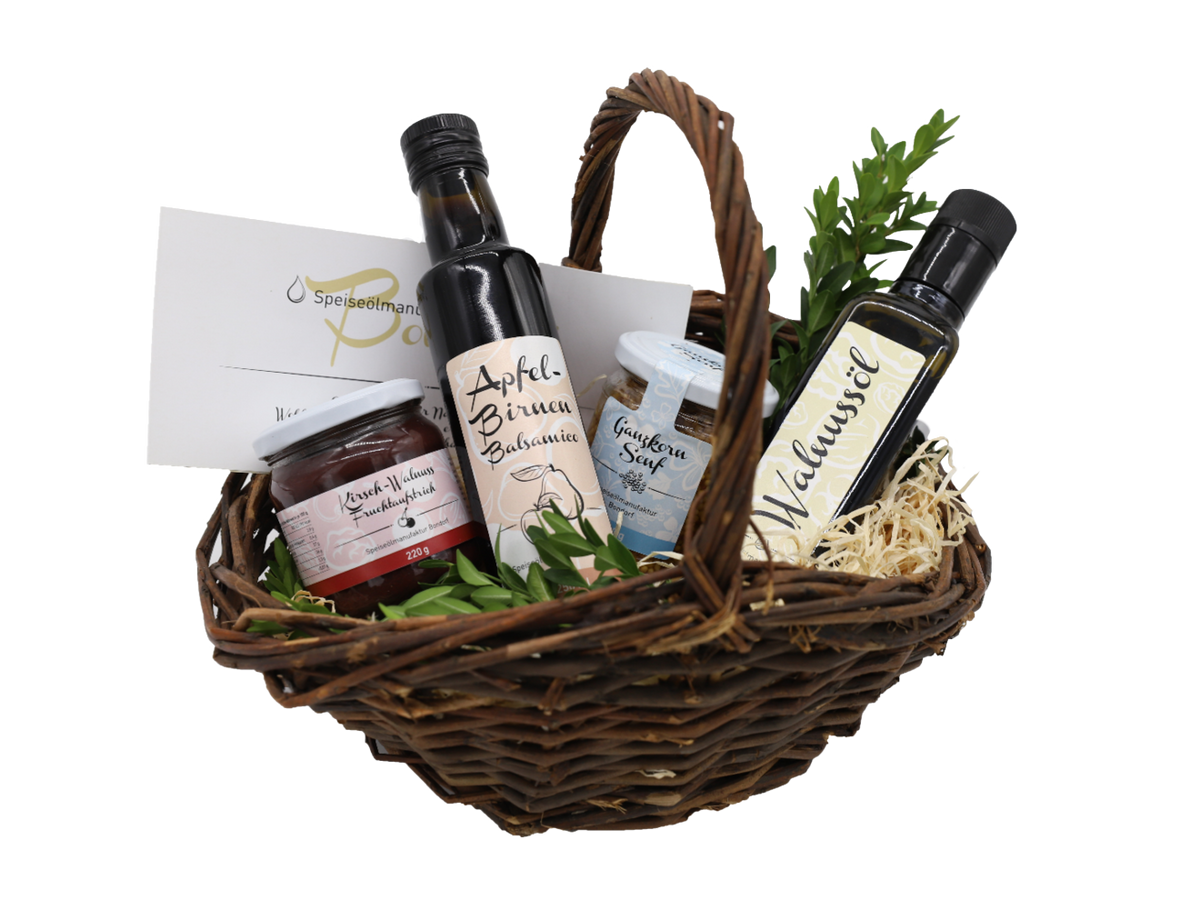 Geschenkkorb - Öle Balsamico Fruchtaufstrich und Senf